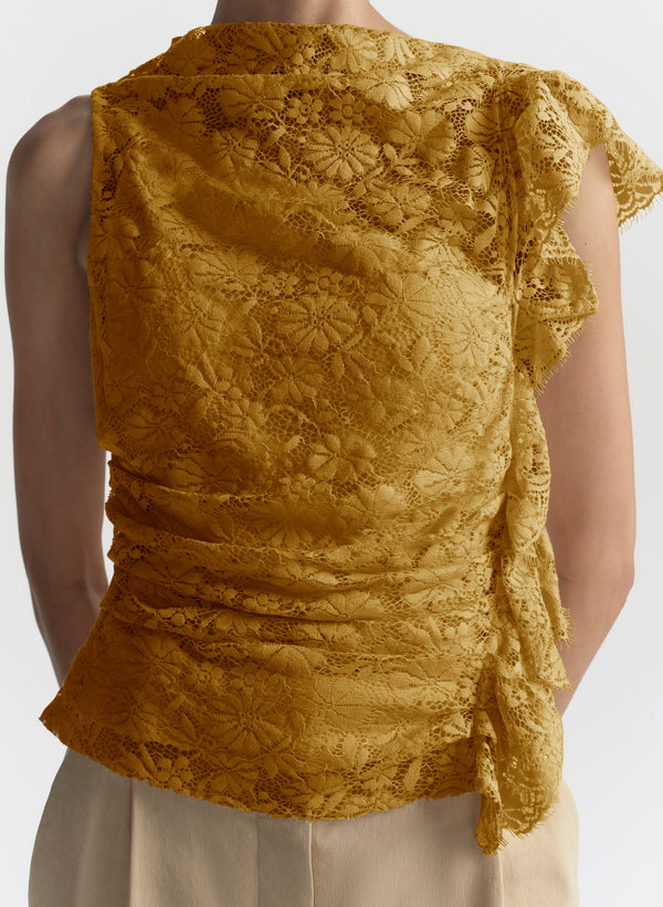 woman in yellow lace top