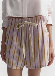 Striped shorts with a drawstring waist on a plain background