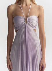 Lavender pleated dress with cut-out design on a white background