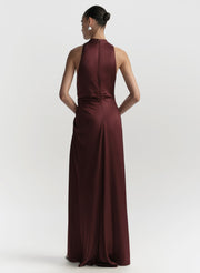 Burgundy evening gown on a white background