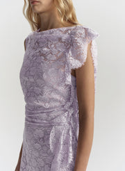 Lavender lace dress with a white background