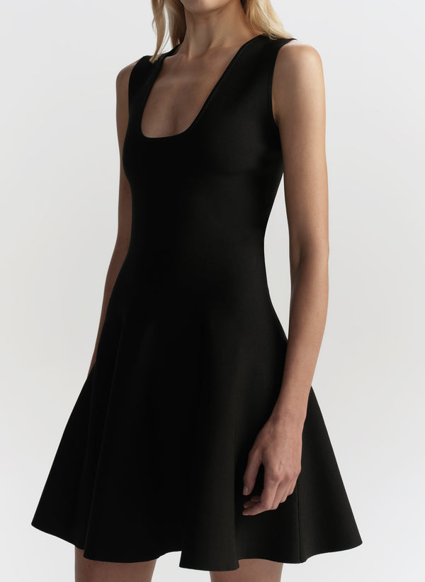 Black sleeveless dress worn by a model on a white background