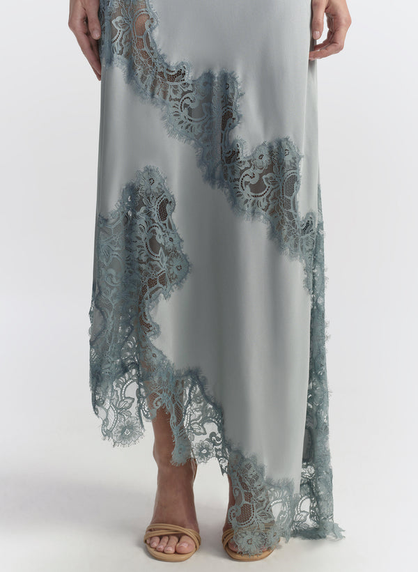 blue lace and satin dress