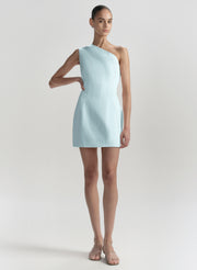woman wearing blue one shoulder dress