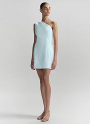 woman in light blue mini dress one shoulder