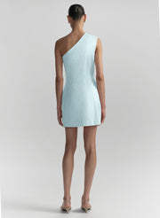 woman wearing light blue satin mini dress