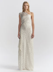 woman wearing white lace maxi dress