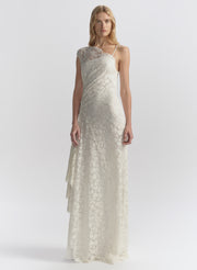woman wearing white lace maxi dress