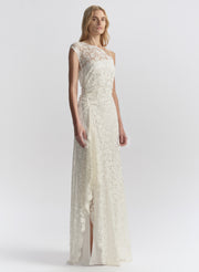 woman wearing white lace maxi dress