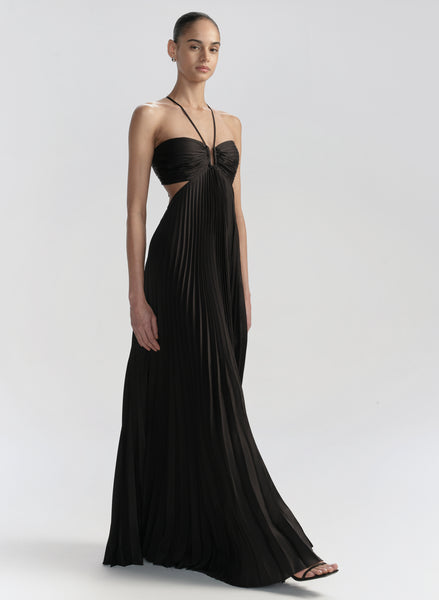 A.L.C. Moira Satin Pleated Maxi Dress in Black, Size 4