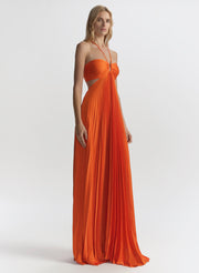 woman wearing orange pleated maxi dress