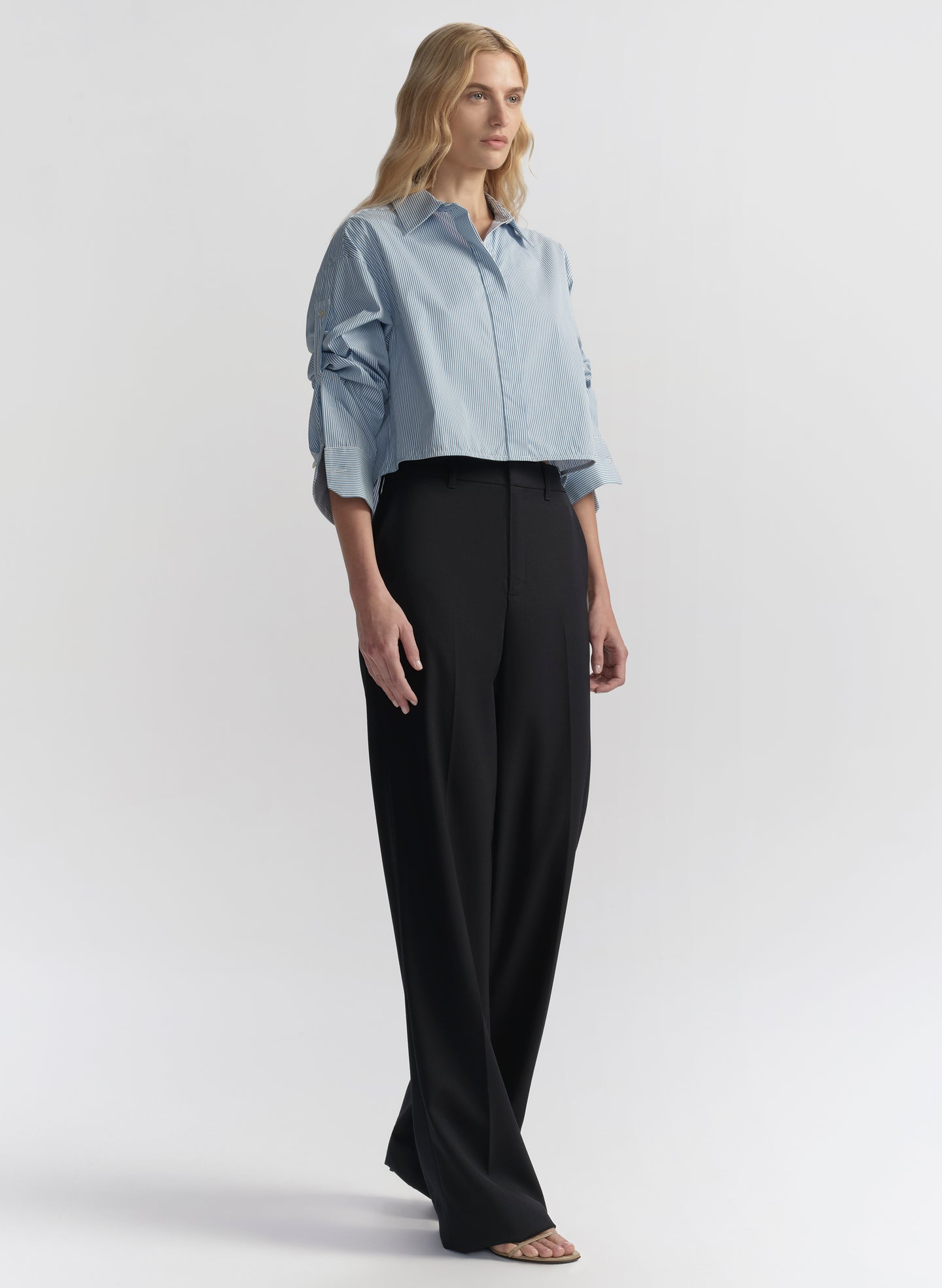 A.L.C. Maude Cropped Cotton Stripe Shirt in French Blue/White, Size S