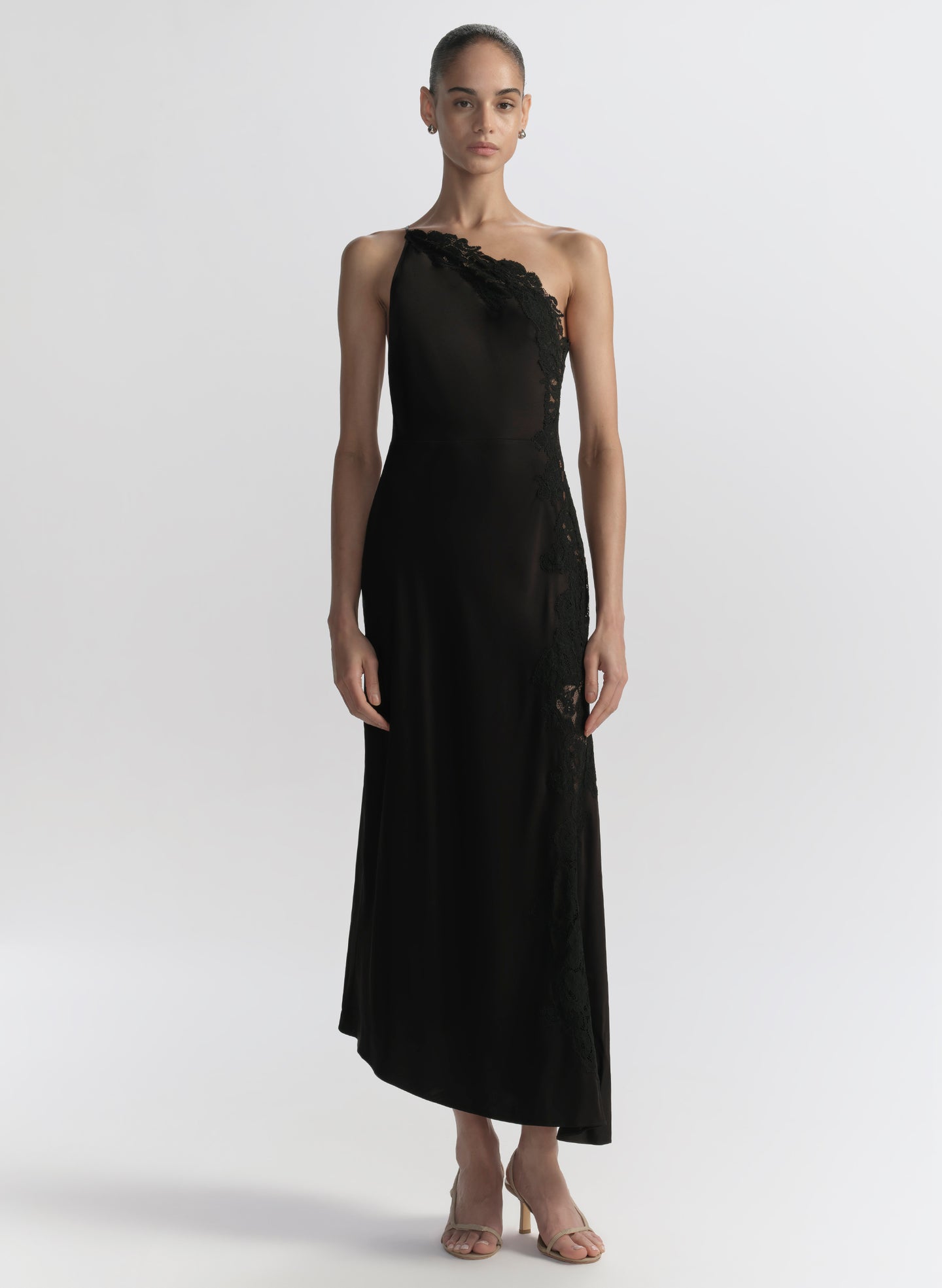 A.L.C. Women's Lou Satin and Lace Midi Dress in Black/Black, Size 0 A.L.C. Women's Lou Satin and Lace Midi Dress in Black/Black, Size 0