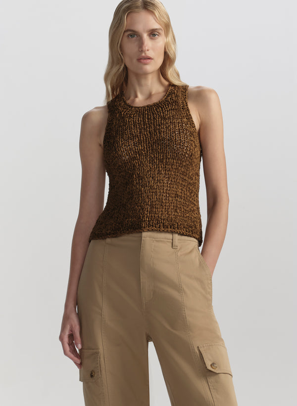 woman wearing brown tank top and tan cargo pants