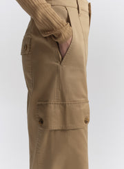 woman wearing tan cardigan and tan cargo pants