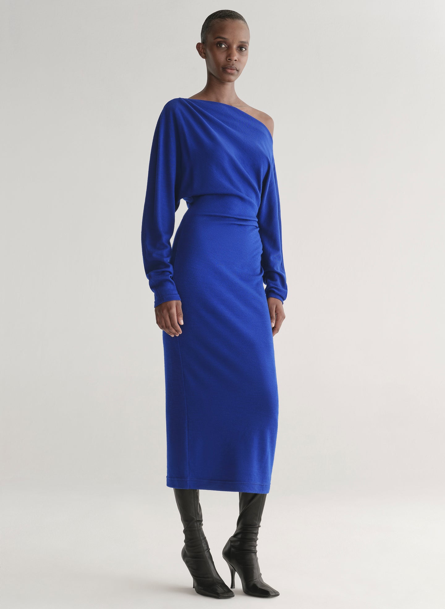 blue one shoulder midi dress Boston Proper - Dark Wash Blue - One Shoulder Front Slit Denim Column Midi Dress