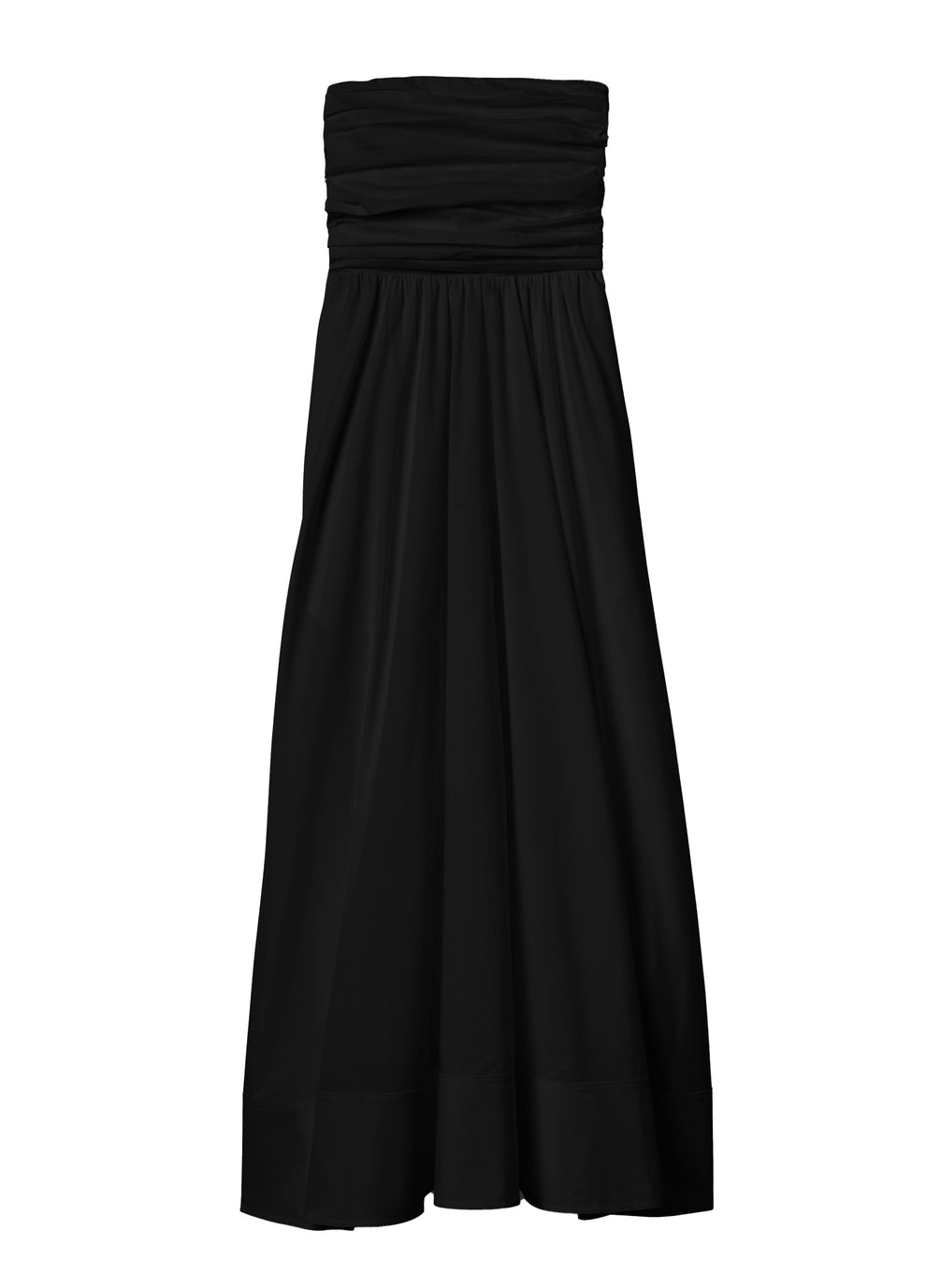 flatlay of black strapless midi dress