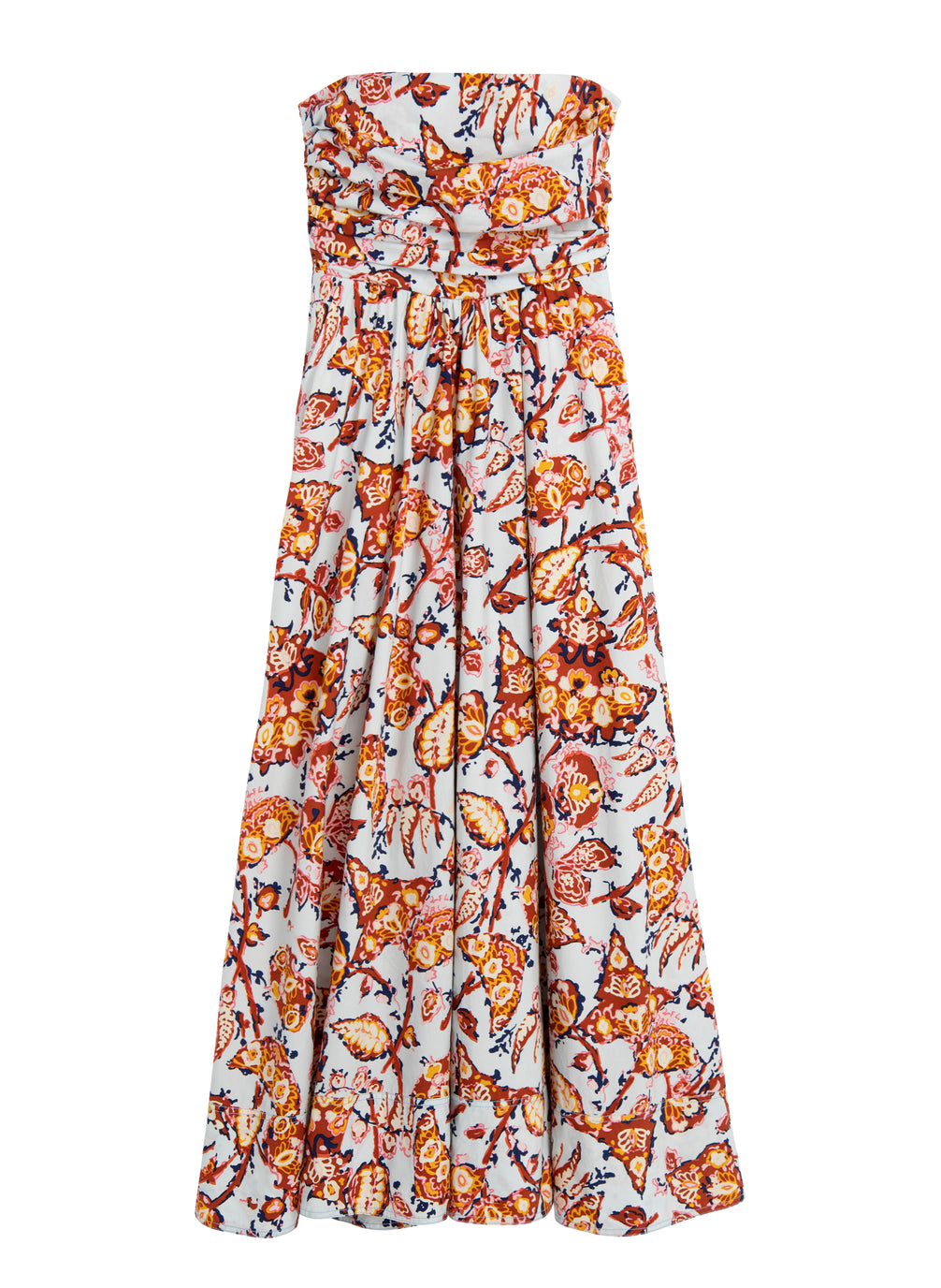 flatlay of multicolor printed strapless midi dress