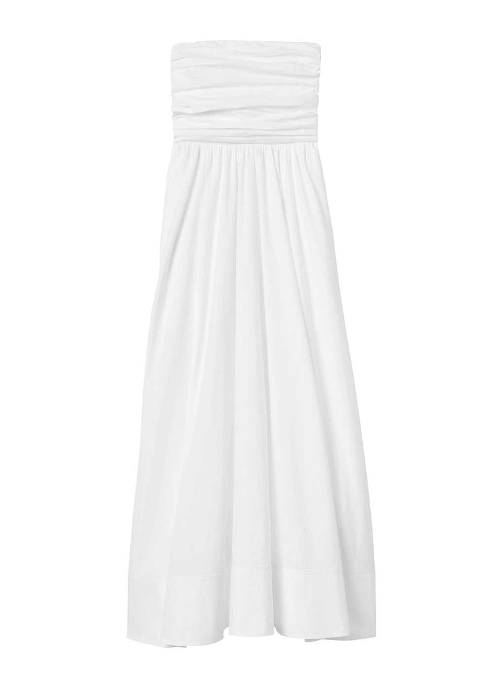 flatlay of white strapless midi dress