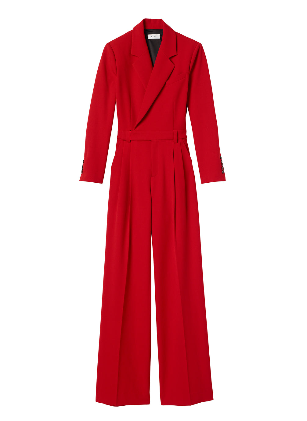 flatlay of red long sleeve jumpsuit with back cutout