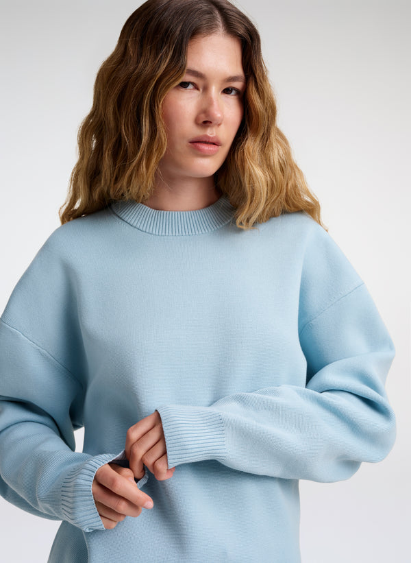 woman wearing light blue crewneck sweater