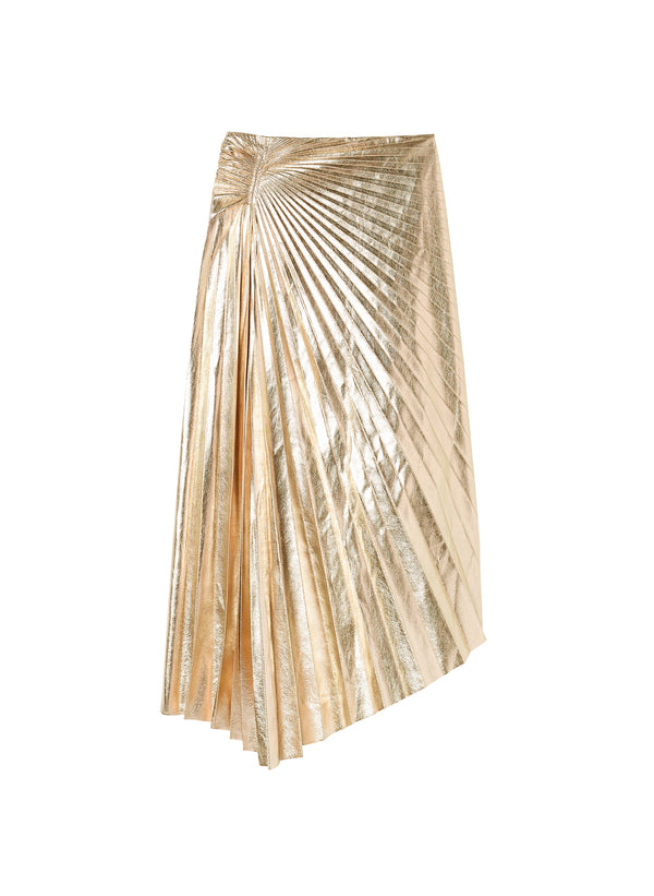 flatlay of metallic gold pleated midi skirt