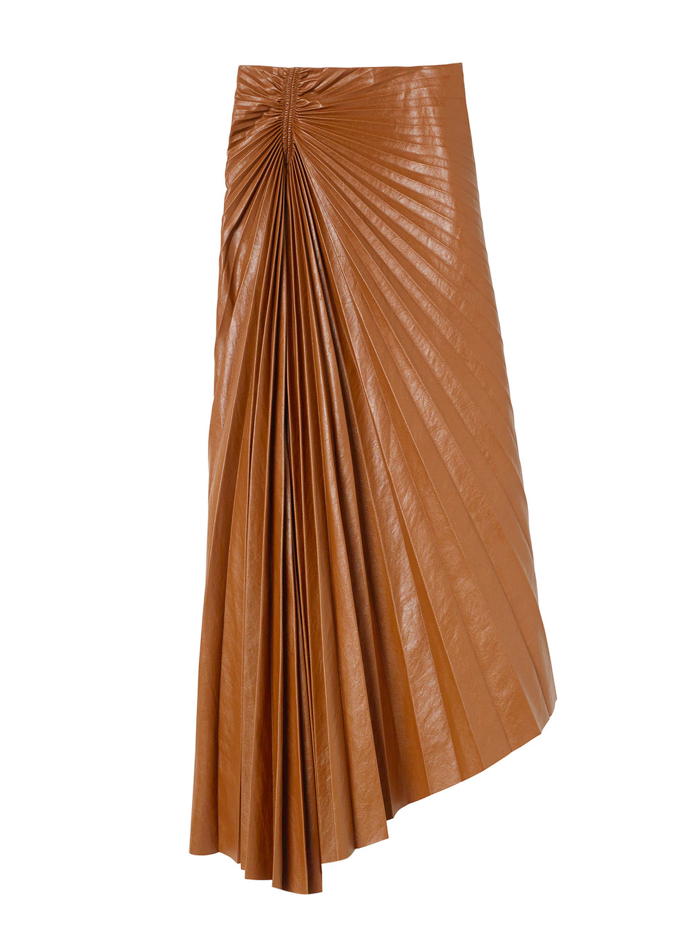 flatlay of brown pleated vegan leather midi skirt