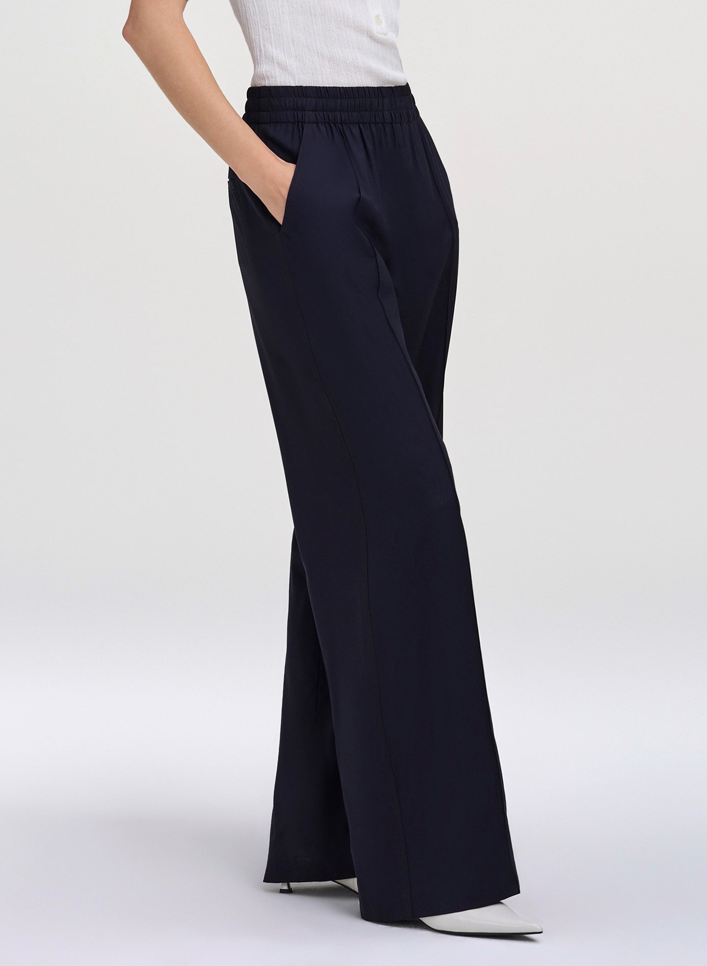 navy blue pants on model