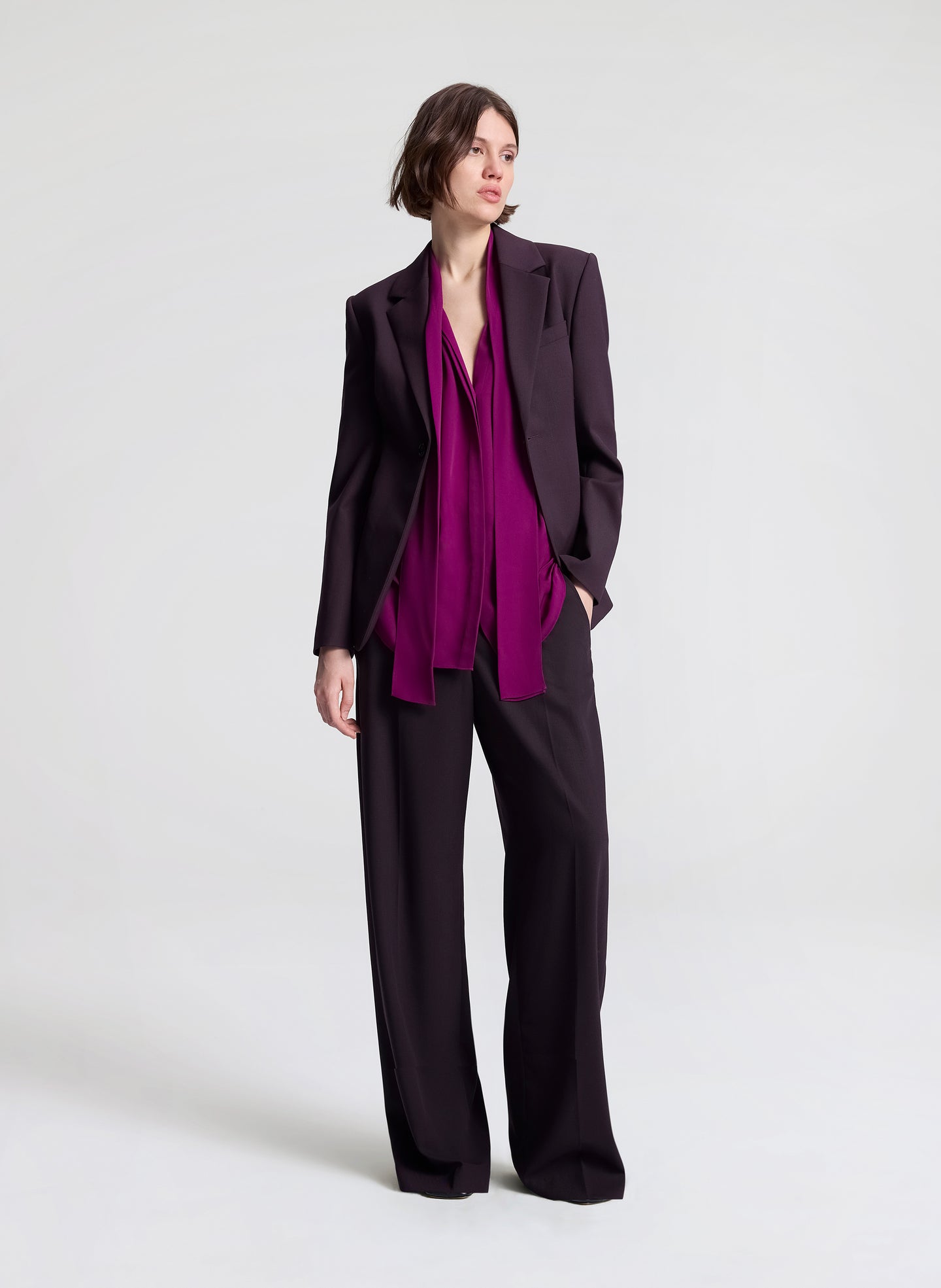 Woman wearing a purple blouse and dark purple pants on a white background