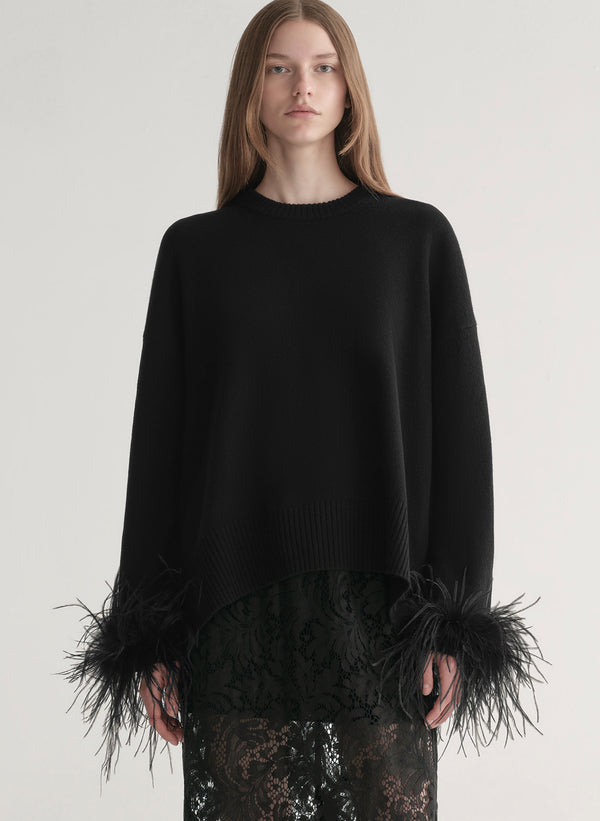 Woman wearing a black sweater with feather details  and a lace skirt on a plain background