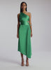 video view of woman wearing green pleated one shoulder dress