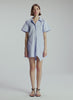 video view of woman wearing light blue mini shirtdress