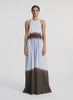 video view of woman wearing dip dye blue and brown sleeveless maxi dress