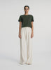 video view of woman wearing olive green short sleeve tshirt and beige wide leg pants