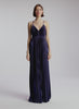 video view of woman wearing navy blue pleated maxi dress