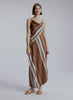 video view of woman wearing brown striped midi dress