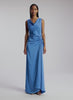 video view of woman wearing blue satin maxi dress