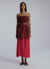 video view of woman wearing burgundy and red ombre top and skirt