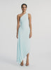 video view of woman wearing aqua pleated one shoulder dress