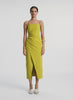video view of woman wearing yellow halter neckline ruched midi dress