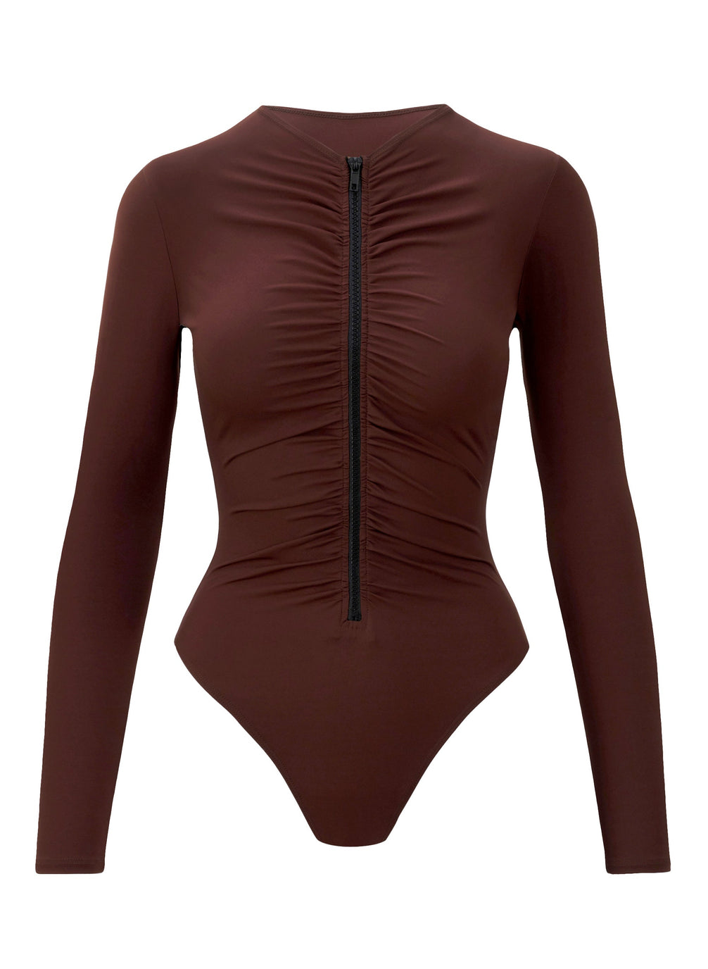 flatlay of brown long sleeve zip front swimsuit