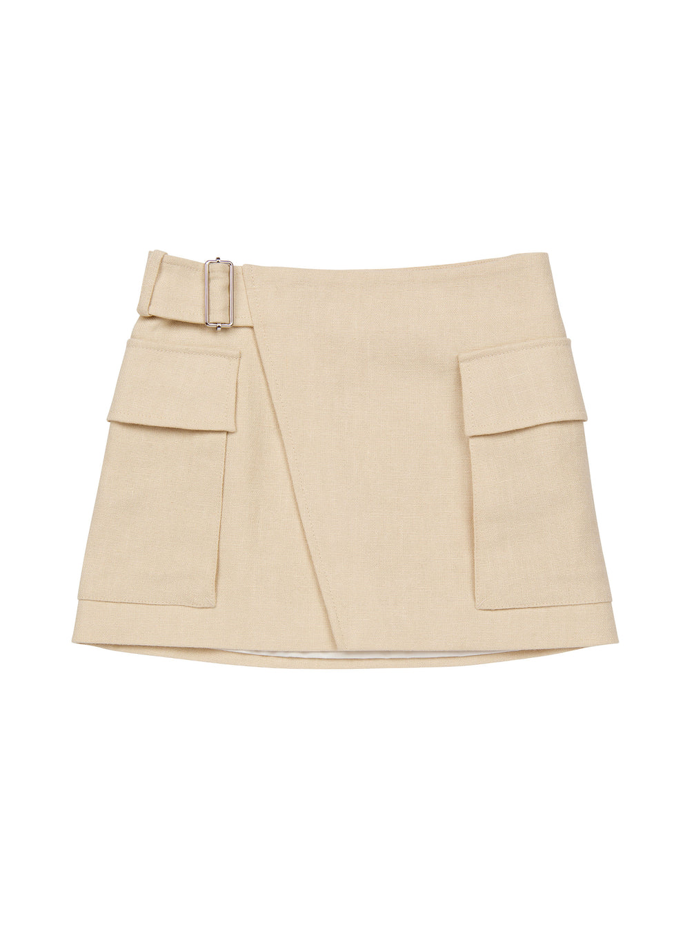 flatlay of beige wrap mini skirt with pockets