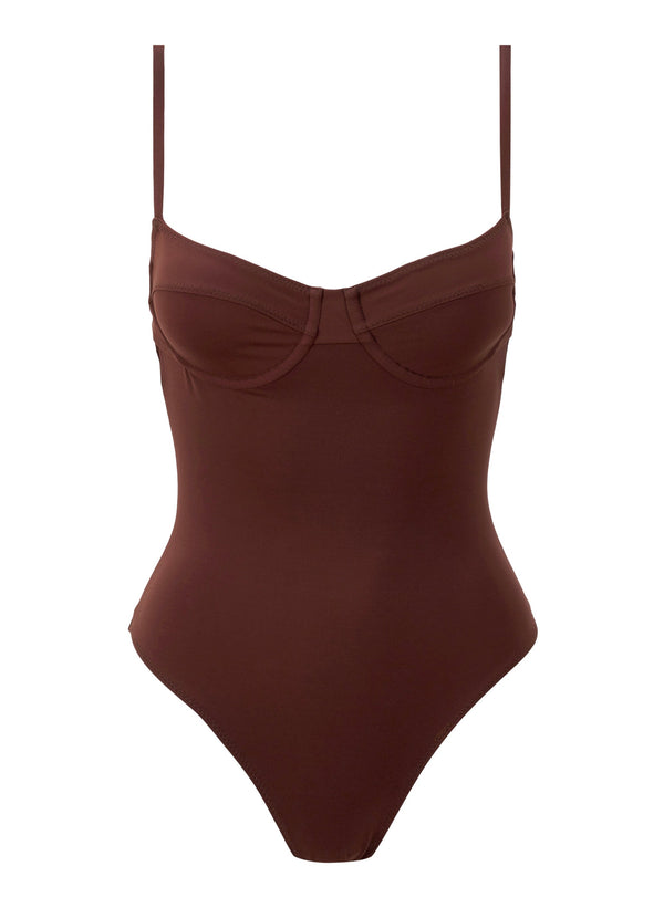 flatlay of brown one piece swimsuit