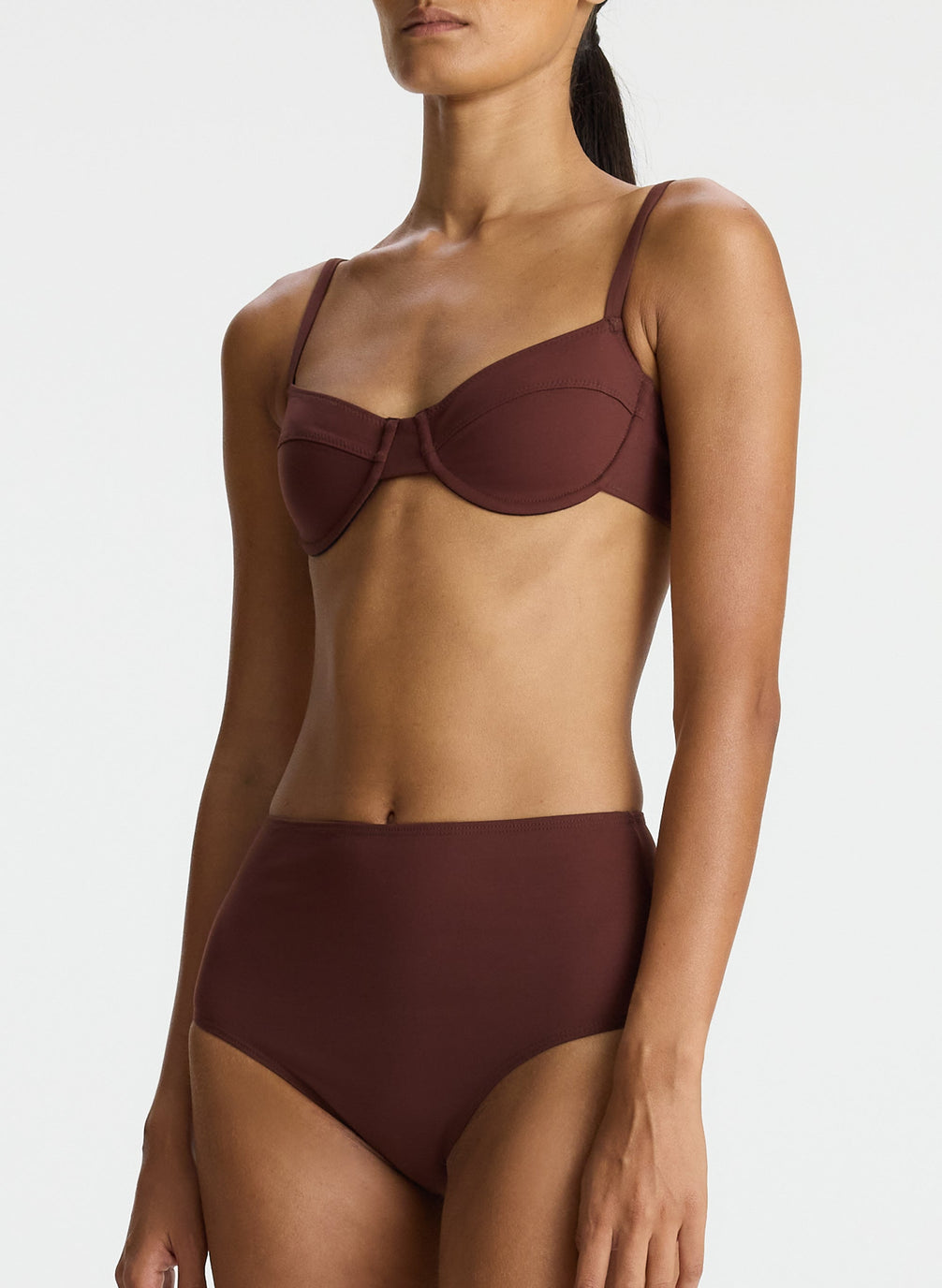detail view of woman wearing brown bikini set