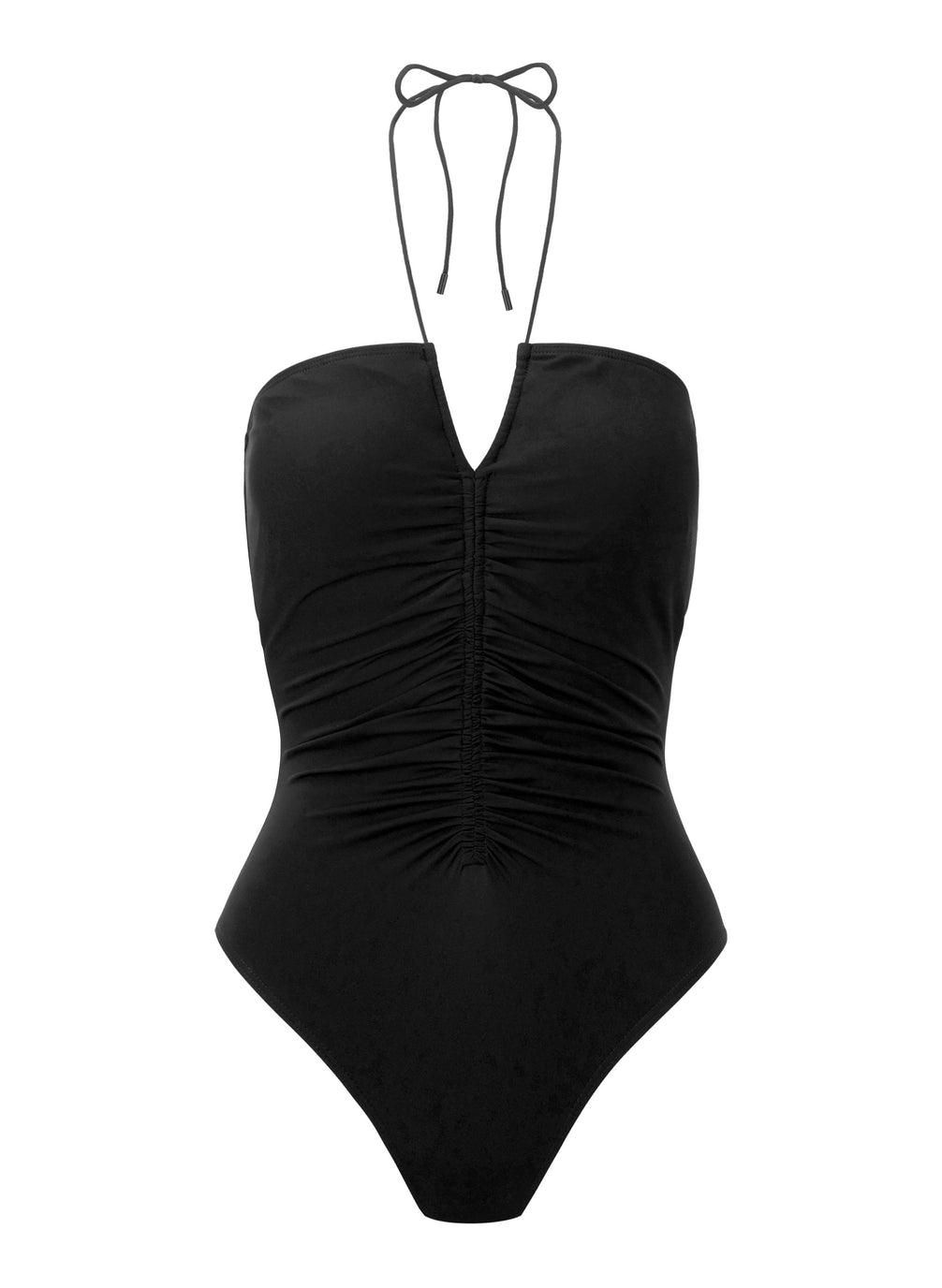 flatlay of black halter one piece swimsuit