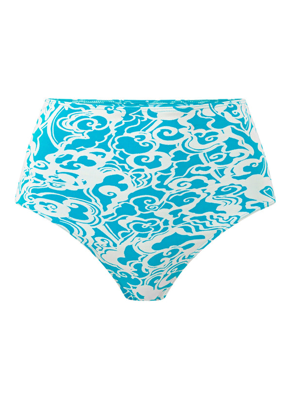 flatlay of aqua print bikini bottom