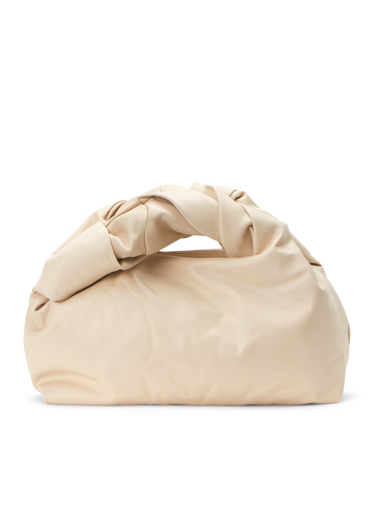 flat lay view of cream vegan leather short length top handle bag with small sized rectangular base
