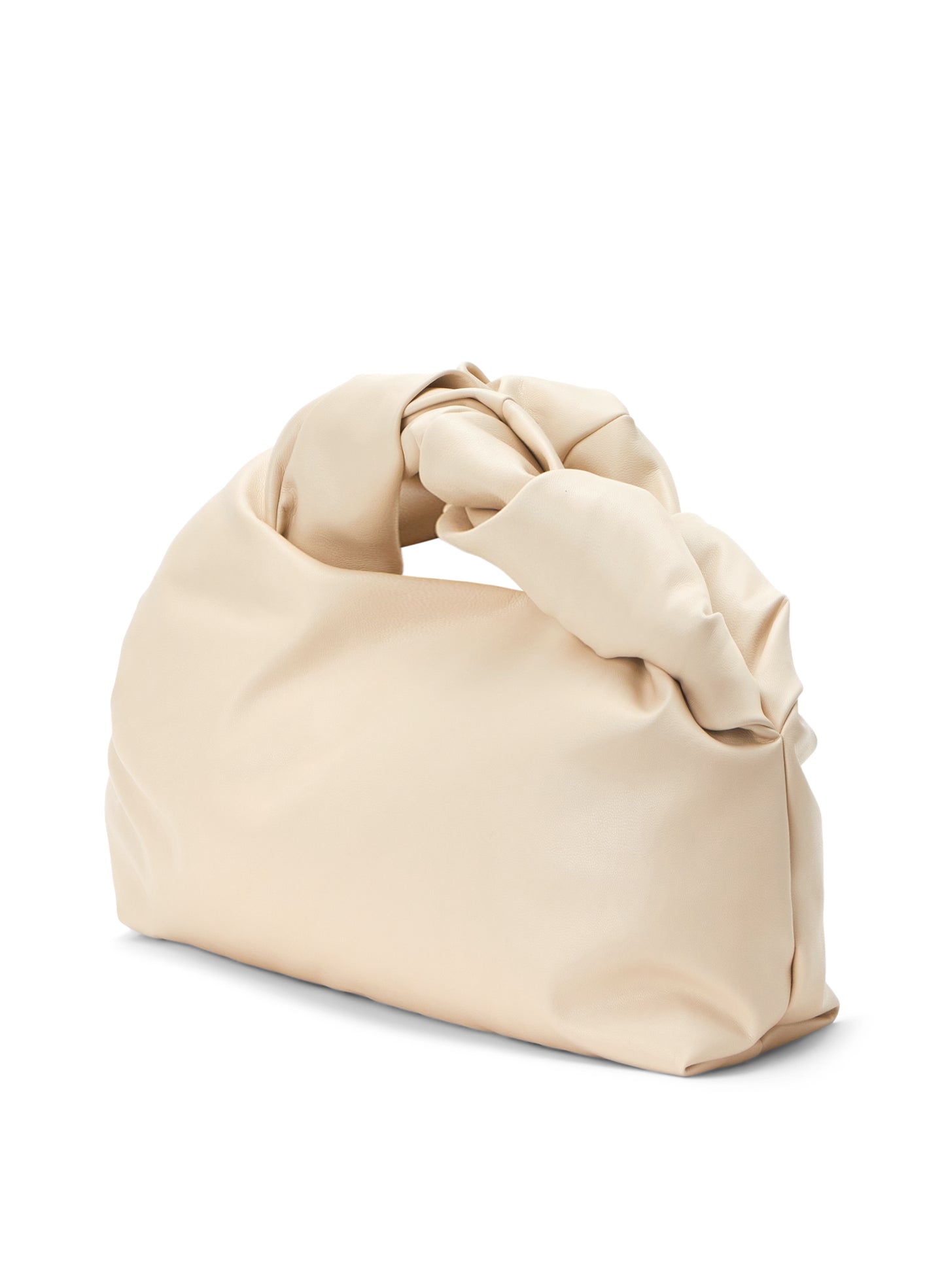 flat lay view of cream vegan leather short length top handle bag with small sized rectangular base